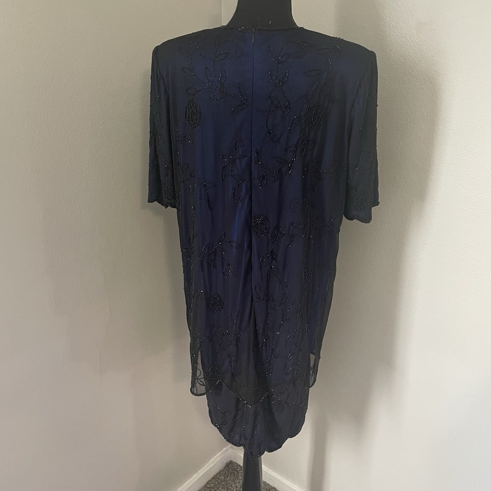 Vintage BRILLIANTE BY J.A. Sz XL Navy Beaded Sequined Dress Layer Illusion Glam - Picture 9 of 11